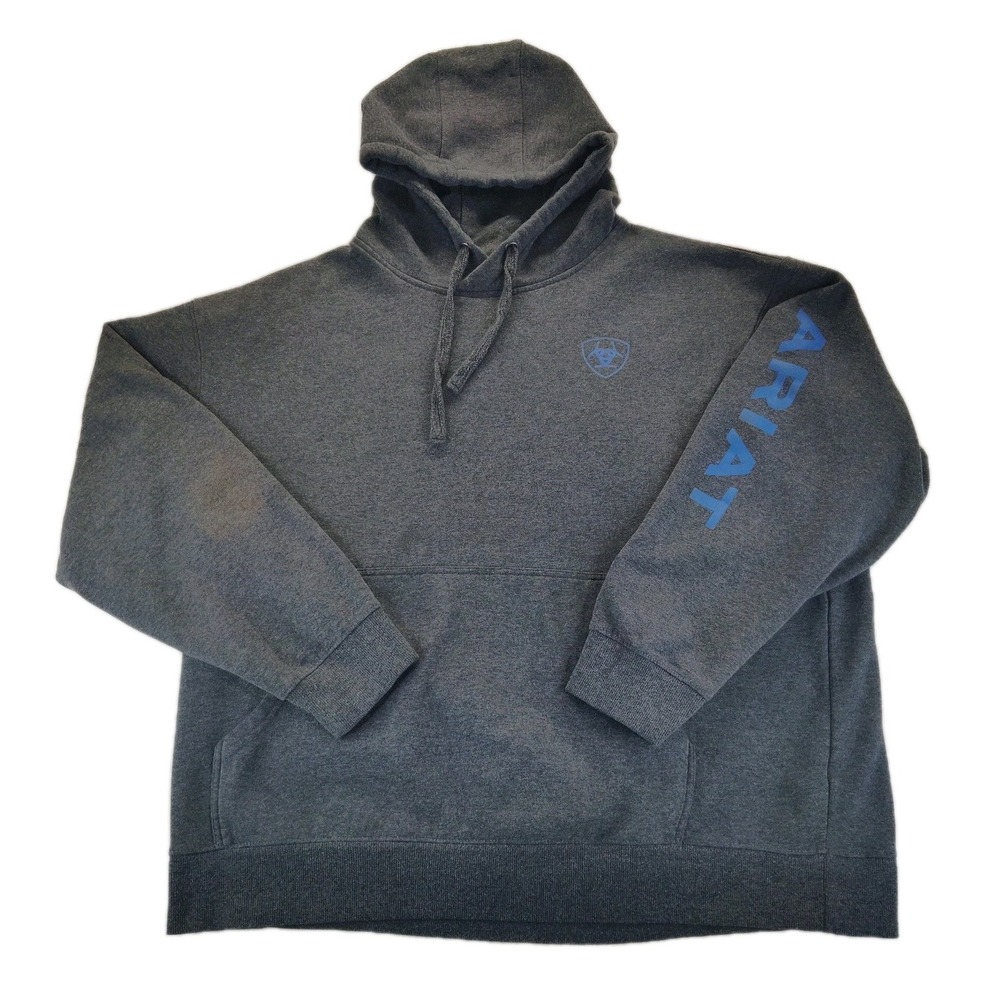 Ariat Logo Hoodie Mens 2XL Gray Pullover Spellout Sweatshirt Pockets